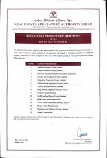 Bihar RERA BPQ promoters ranking certificate showing Deep Sheetal Engineers ranked number 8